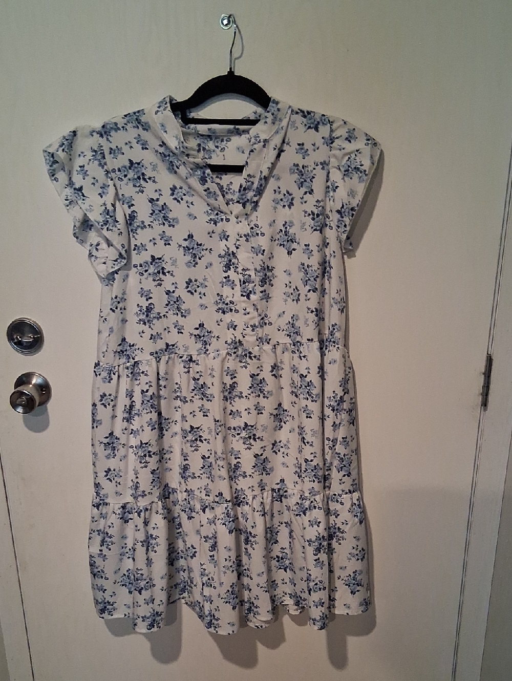 White Floral Tiered Summer Dress with Blue Print
